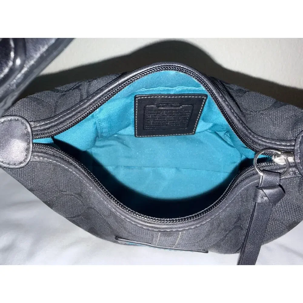 COACH Vintage Black Signature Carly Mini Hobo Baguette Blue Stitch Accent